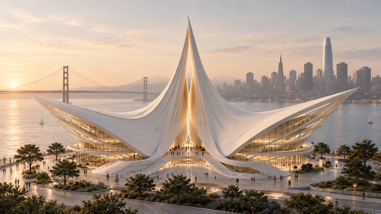 Conceptual vision of Phoenix at sunrise on the San Francisco waterfront, the Golden Gate Bridge and city skyline beyond